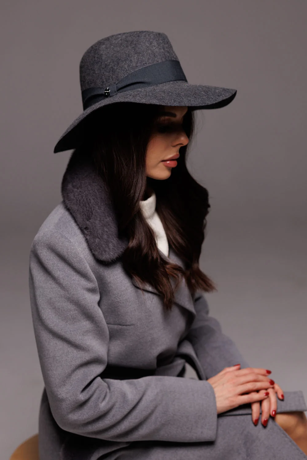 Long women's wool coat in a classic style with mink fur, belt and Kent synthetic insulation (32733)