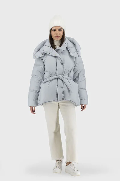 Women's casual winter down jacket with hood and belt Basic (blue, 2XL)