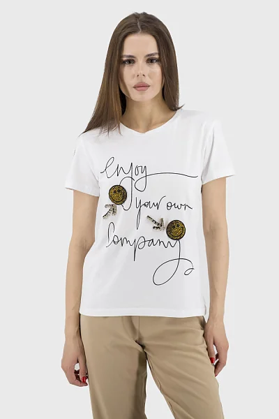 Women's T-shirt: white, sporty style with print and rhinestones Sogo (white, M)