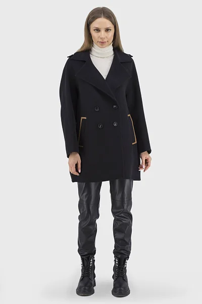 Женское двубортное шерстяное пальто casual с кожаной отделкой Basic (черный, 2XL)