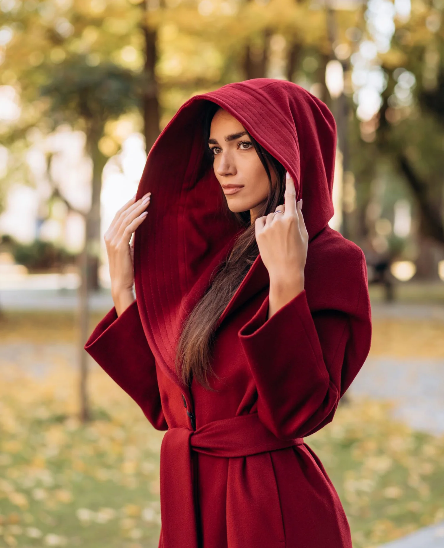 Women's wool coat with hood and belt, burgundy, black Teresa Tardia (260338)
