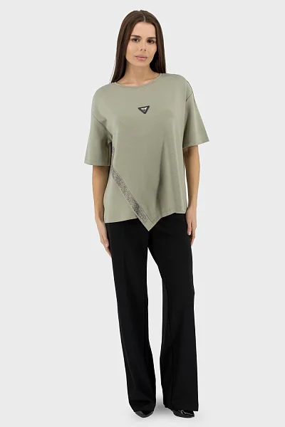 Women’s solid casual t-shirt with appliqué and crystals by Ziques (olive, 3)