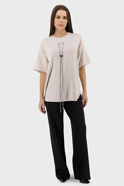 Women's plain casual T-shirt with beads and rhinestones for summer Ziques (powder, 1)