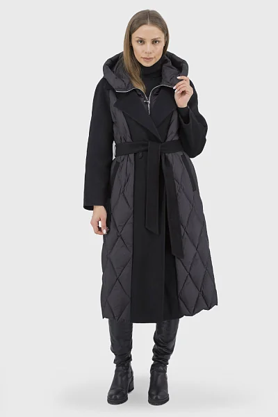 Жіночий однотонний пуховик casual з капюшоном і поясом, реглан рукав Basic (чорний, XL)