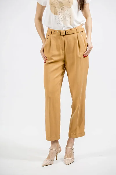 Women's summer plain casual pants with belt and pockets Nika (cinnamon, 44)