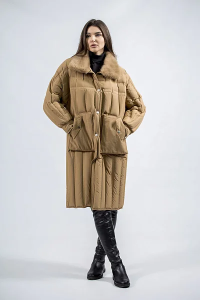 Жіночий оверсайз пуховик з норковим хутром, кемел, стиль casual Basic (2078) фото 1, ціна