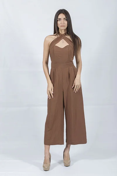 Women's Summer Solid Sleeveless Jumpsuit with Bow Casual Rinascimento (Brown, M)