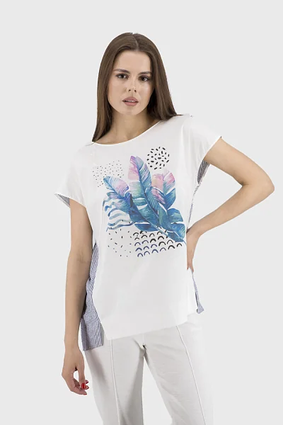 Women's summer casual blouse with floral pattern and stripes Nika (white, 44)