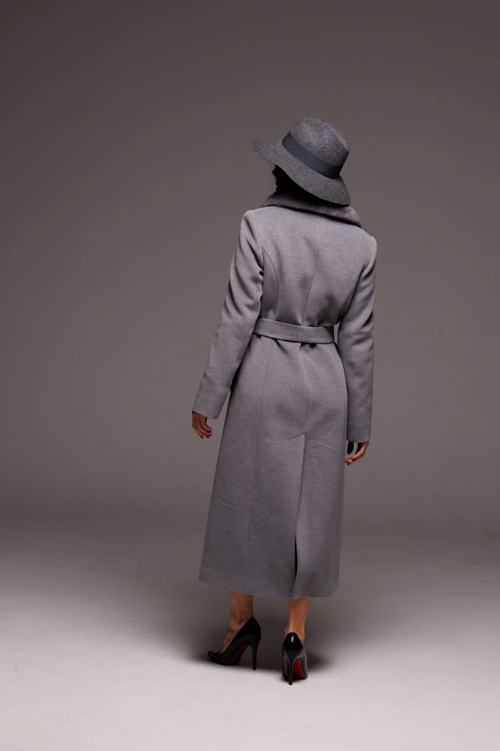 Long women's wool coat in a classic style with mink fur, belt and Kent synthetic insulation (32733)