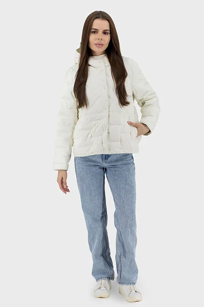 Жіночий тонкий пуховик casual з капюшоном і поліестр підкладкою Basic (молочний, M)