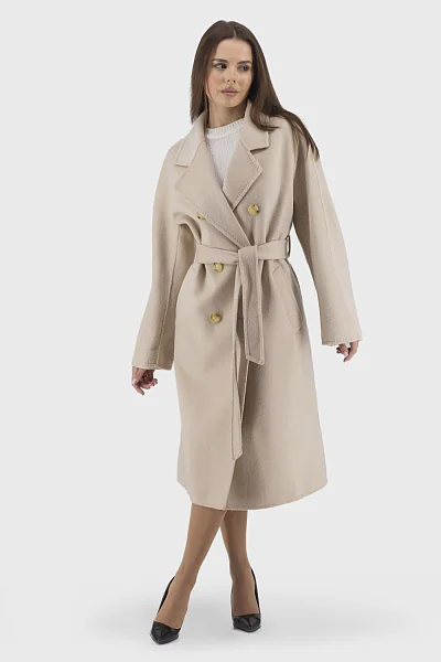 Women's mid-length wool coat made of Australian wool and cashmere, belt, English collar, casual style Nysense (milk, 36)
