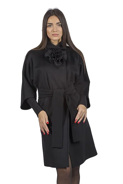Elegant women's wool coat with belt, black, 3/4 sleeves Teresa Tardia (black, 36)