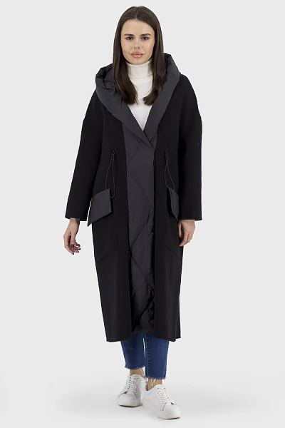 Жіноче вовняне пальто бочонок з капюшоном, чорне, стиль casual Basic (чорний, M)