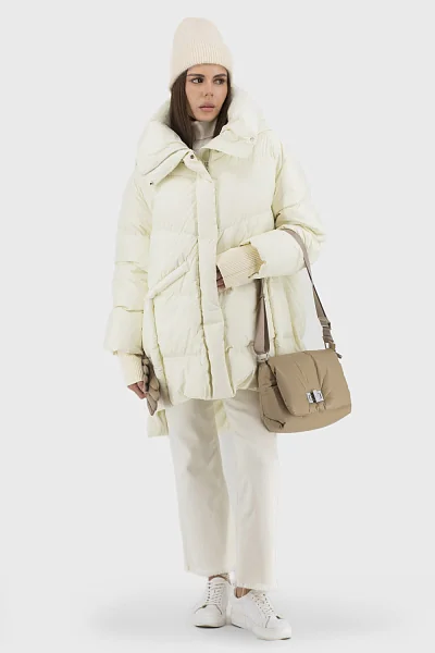 Жіночий оверсайз пуховик зимовий молочний з капюшоном casual Basic (24008) фото 1, ціна