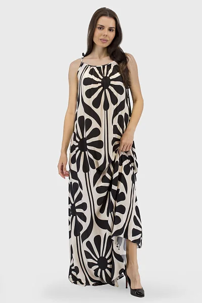 Women's oversized summer sundress with abstract floral pattern Verda (black/beige, 36)