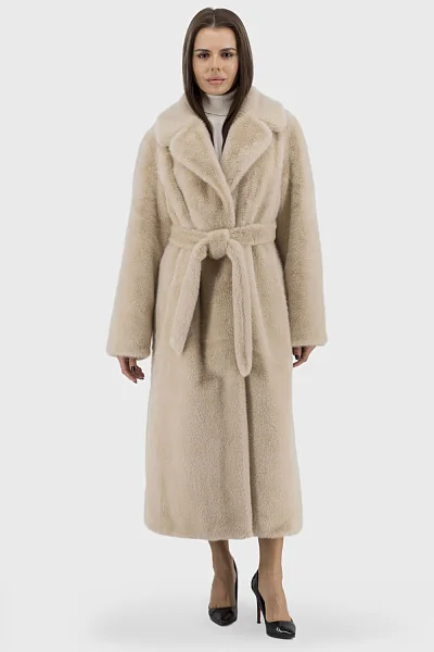 Women's casual eco-fur coat with belt, English collar, beige, black Bella Bicchi (beige, 52)