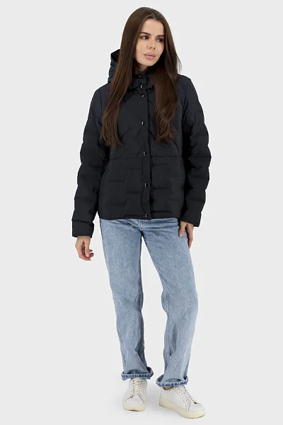 Тонкий женский пуховик casual с капюшоном и полиэстр подкладкой Basic (черный, L)