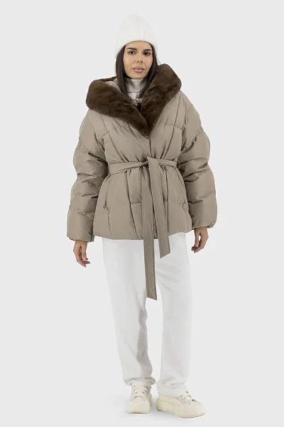 Жіночий зимовий пуховик з біопухом та норковим хутром Bella Bicchi (темнобежевий, 44)