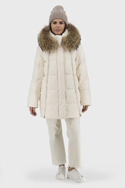 Жіночий зимовий пуховик casual з біопухом і хутром єнота Snow Owl (молочний, 2XL)