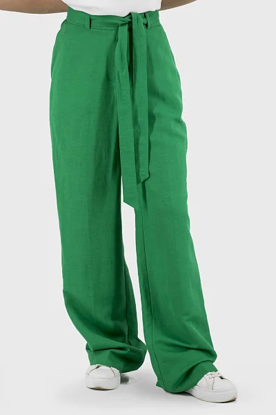 Women's summer pants with belt, plain, high waist, casual Nika (green, 42)