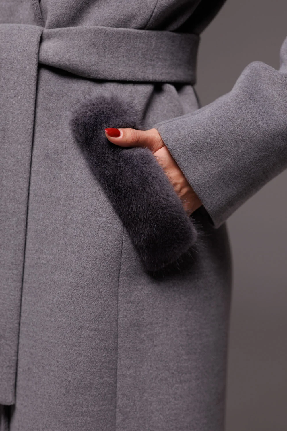 Long women's wool coat in a classic style with mink fur, belt and Kent synthetic insulation (32733)