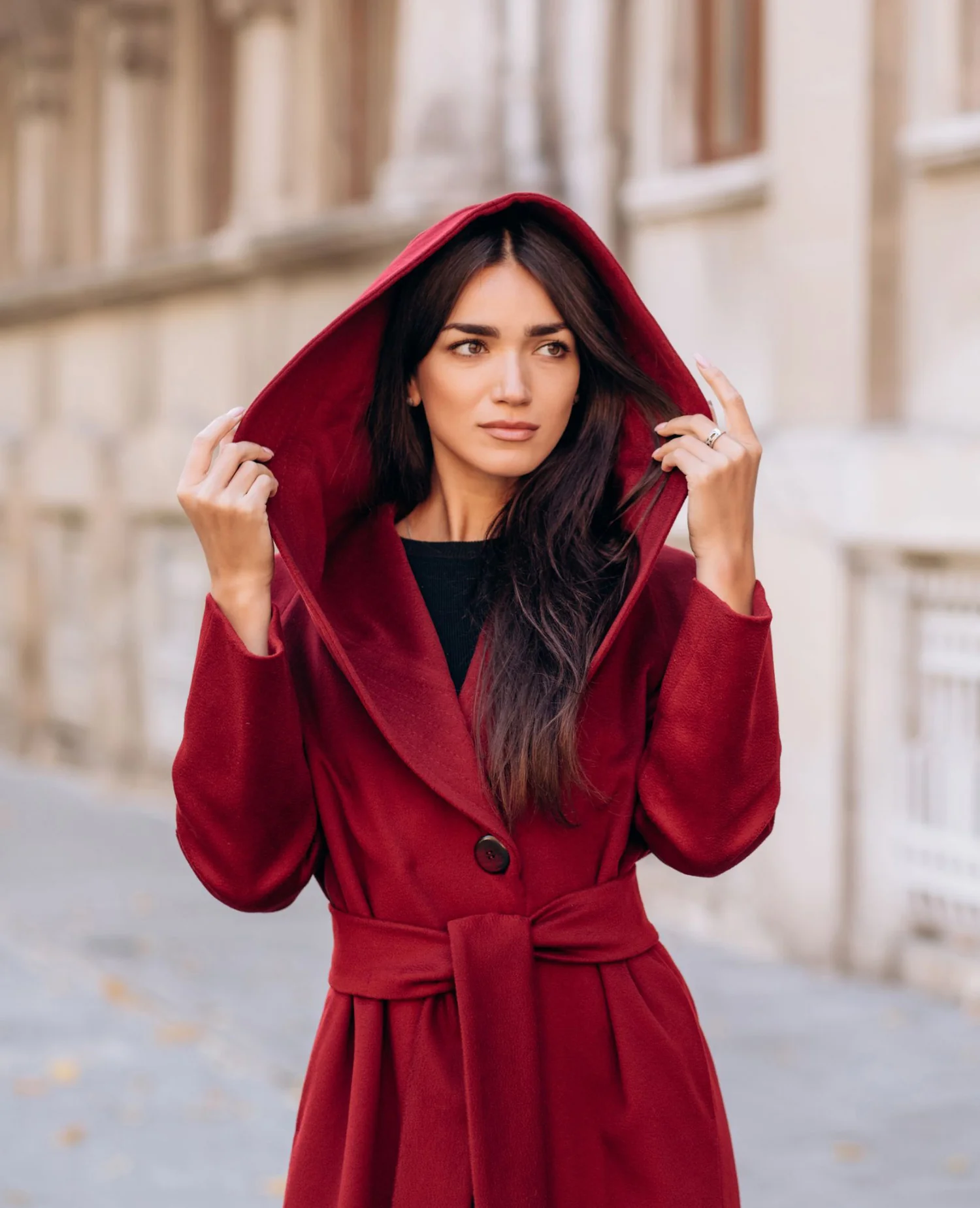 Women's wool coat with hood and belt, burgundy, black Teresa Tardia (260338)