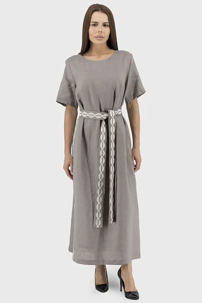 Women's summer classic dress with embroidery and belt, solid Annaver (cappuccino, 42)