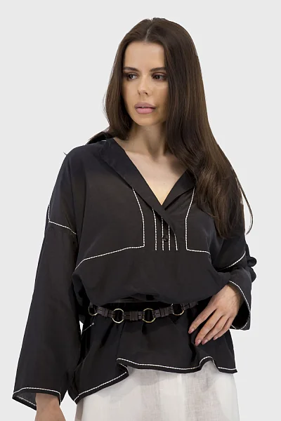 Women's plain summer casual shirt with embroidery and long sleeves Verda (black, 36)