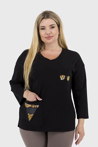 Women's oversized plain sweater with applique and patch pocket Verda (black, 44)