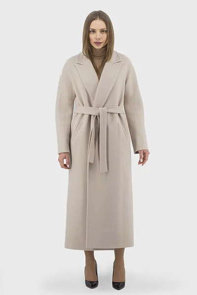 Women's long woolen coat with a belt, English collar, insulated with synthetic winterizer, casual Kent style (milk, 36)