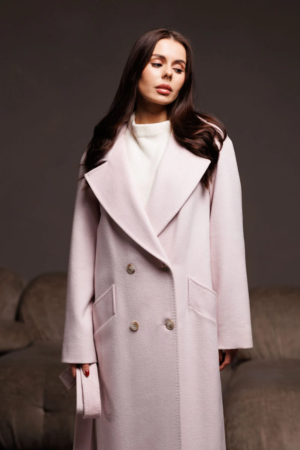 Women's long wool coat with cashmere, belt and English collar, classic style Bella Bicchi (1140)