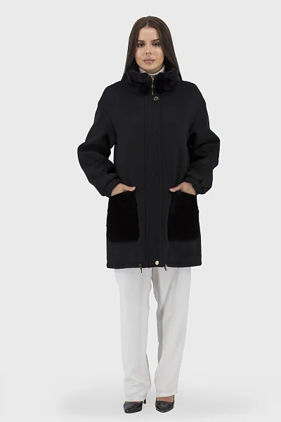 Жіноче вовняне пальто з хутром норки, приталене, чорне, casual Bella Bicchi (чорний, 2XL)