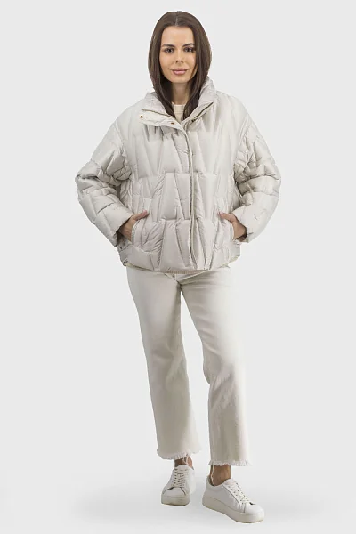 Женский однотонный пуховик casual без капюшона для осени и зимы Seyak (жемчужный, L)