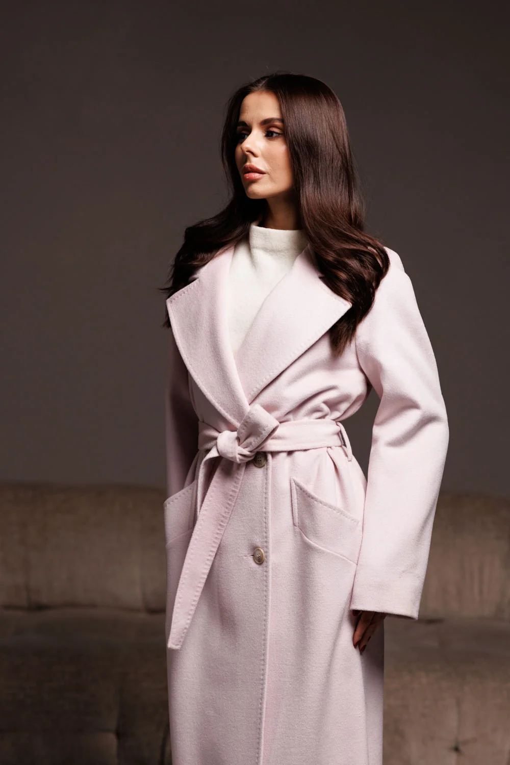 Women's long wool coat with cashmere, belt and English collar, classic style Bella Bicchi (1140)