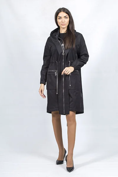 Жіночий чорний плащ casual з капюшоном і поясом на блискавці Basic (FY18093) фото 1, ціна