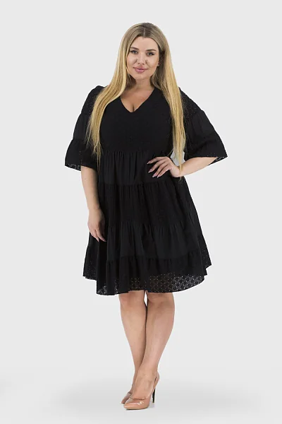 Summer black women's cotton dress, v-neck, lining, elegant style Stella Polare (black, 42)