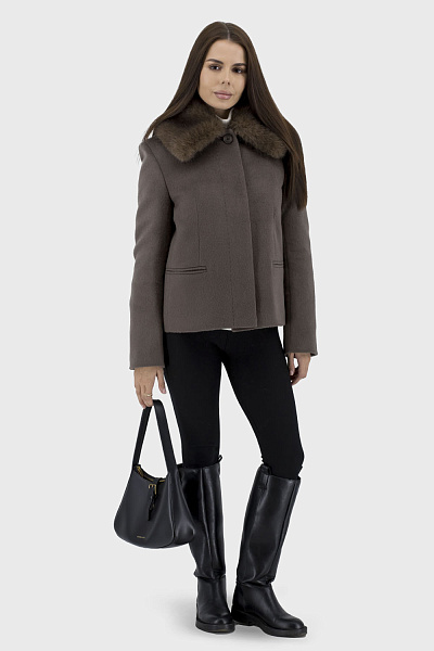 Palton de damă din lână cappuccino cu blană artificială, stil casual Stella Polare. (cappuccino, 42)