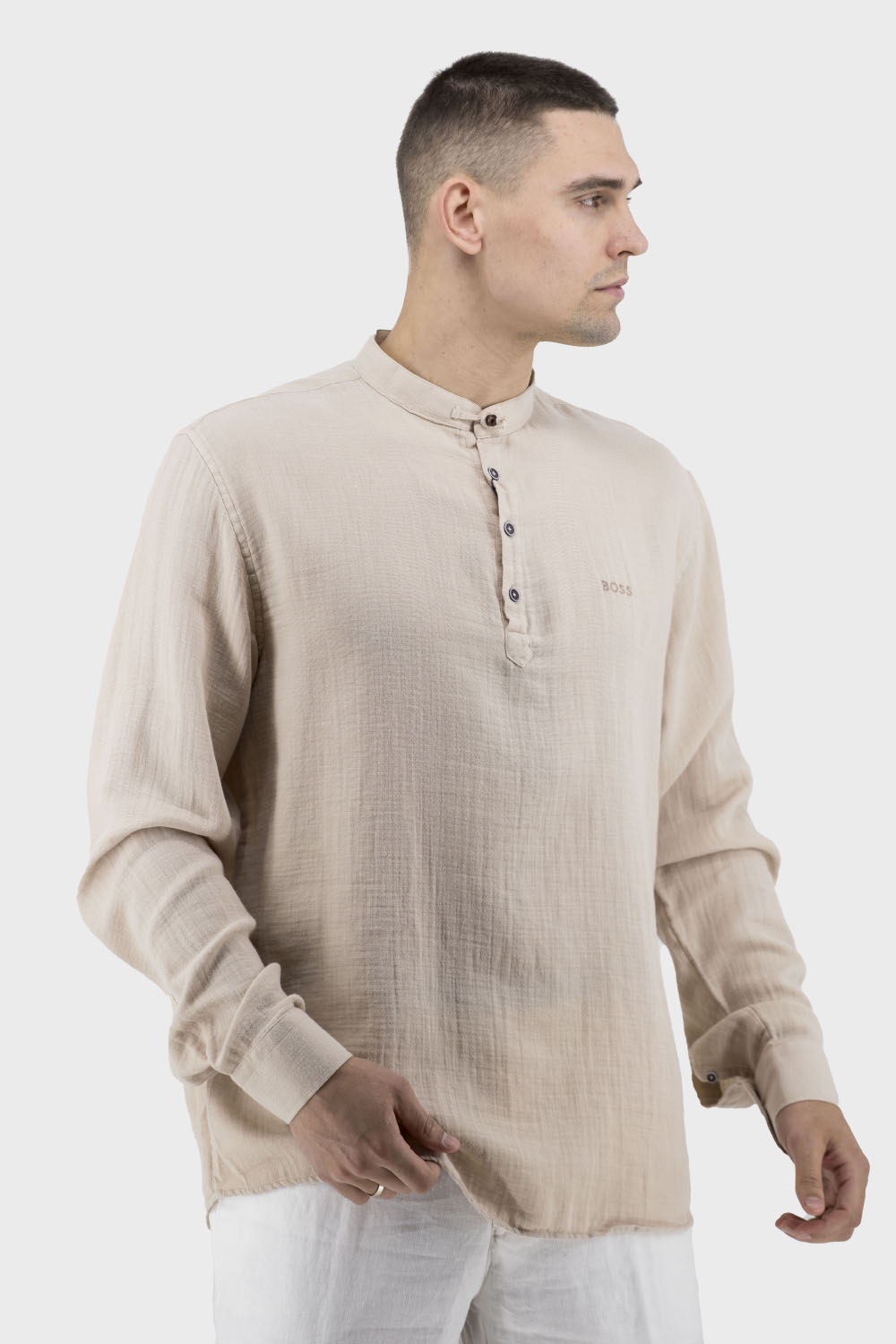 Cămașă de vară casual pentru bărbați cu mânecă lungă și guler-stând Boss (bej, 3XL)