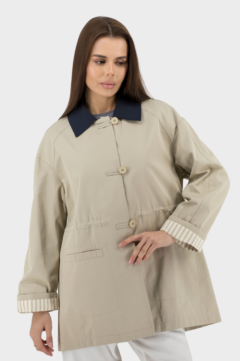 Trench casual bicolor de damă cu guler cămașă și buzunare Basic (bej, 2XL)