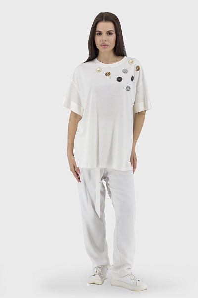 Bluză sport de damă de vară oversize cu nasturi decorativi Verda (lactic, 42)