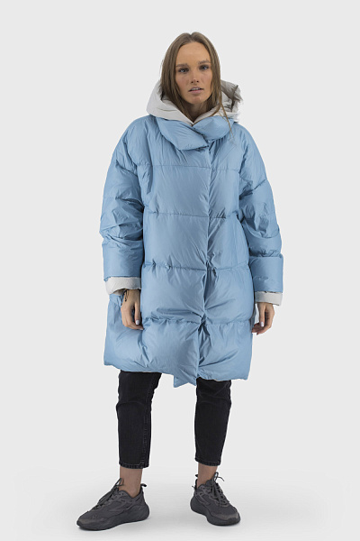 Geacă de iarnă oversize pentru femei, cu glugă, bicoloră Basic (albastru, 2XL)