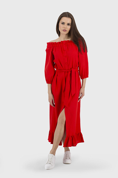 Rochie feminină de vară, cambrată, cu franjuri și curea, fără căptușeală Bella Bicchi (roşu, XS)