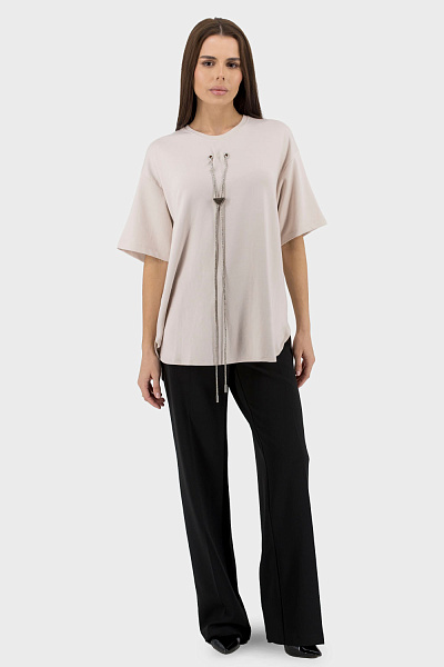 Tricou casual monocrom pentru femei, cu mărgele și strasuri, pentru vară, Ziques (pudra, 1)