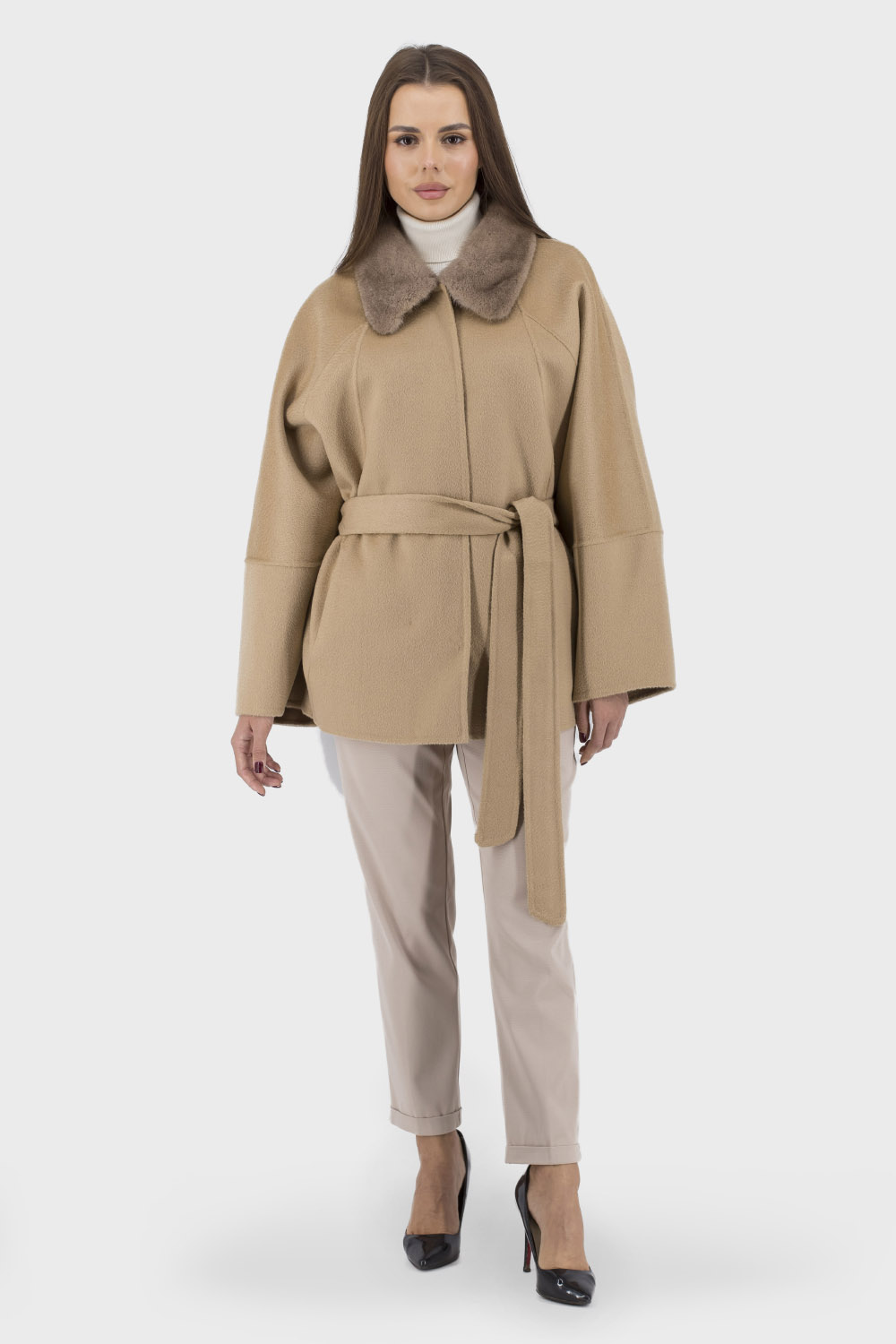 Palton supradimensionat de lână pentru femei cu blană de nurcă, culoare camel Ferrucci (cămilă, L)