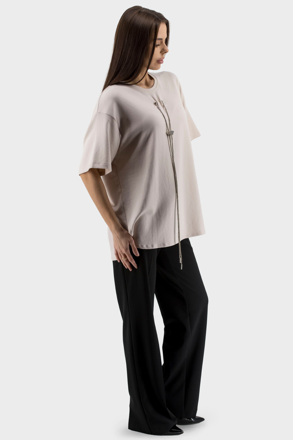 Tricou casual monocrom pentru femei, cu mărgele și strasuri, pentru vară, Ziques (pudra, 1)
