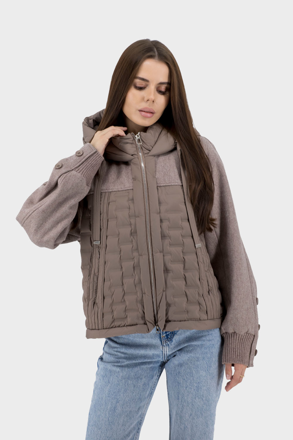 Geacă casual de toamnă pentru femei cu izolație din puf, cu glugă Snow Owl (cappuccino, 2XL)