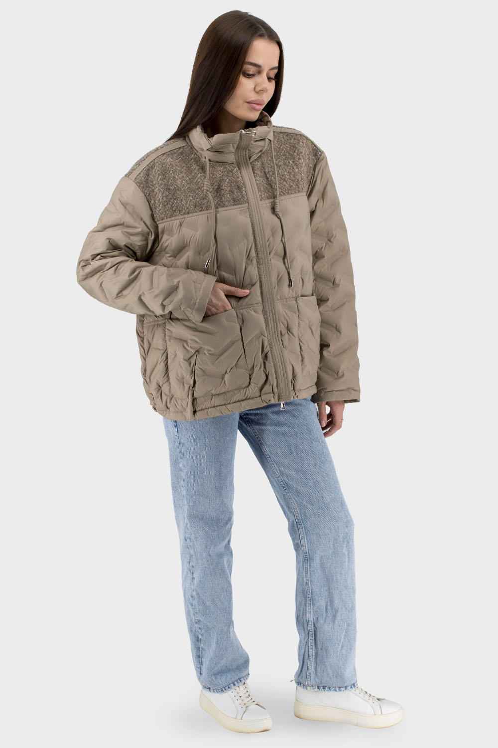 Jachetă casual de toamnă pentru femei cu puf de rață și design combinat Snow Owl (maro, XL)