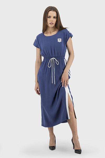 Rochie feminină uni, fără căptușeală, cu mânecă scurtă pentru vară SanVera (albastru închis, 36)