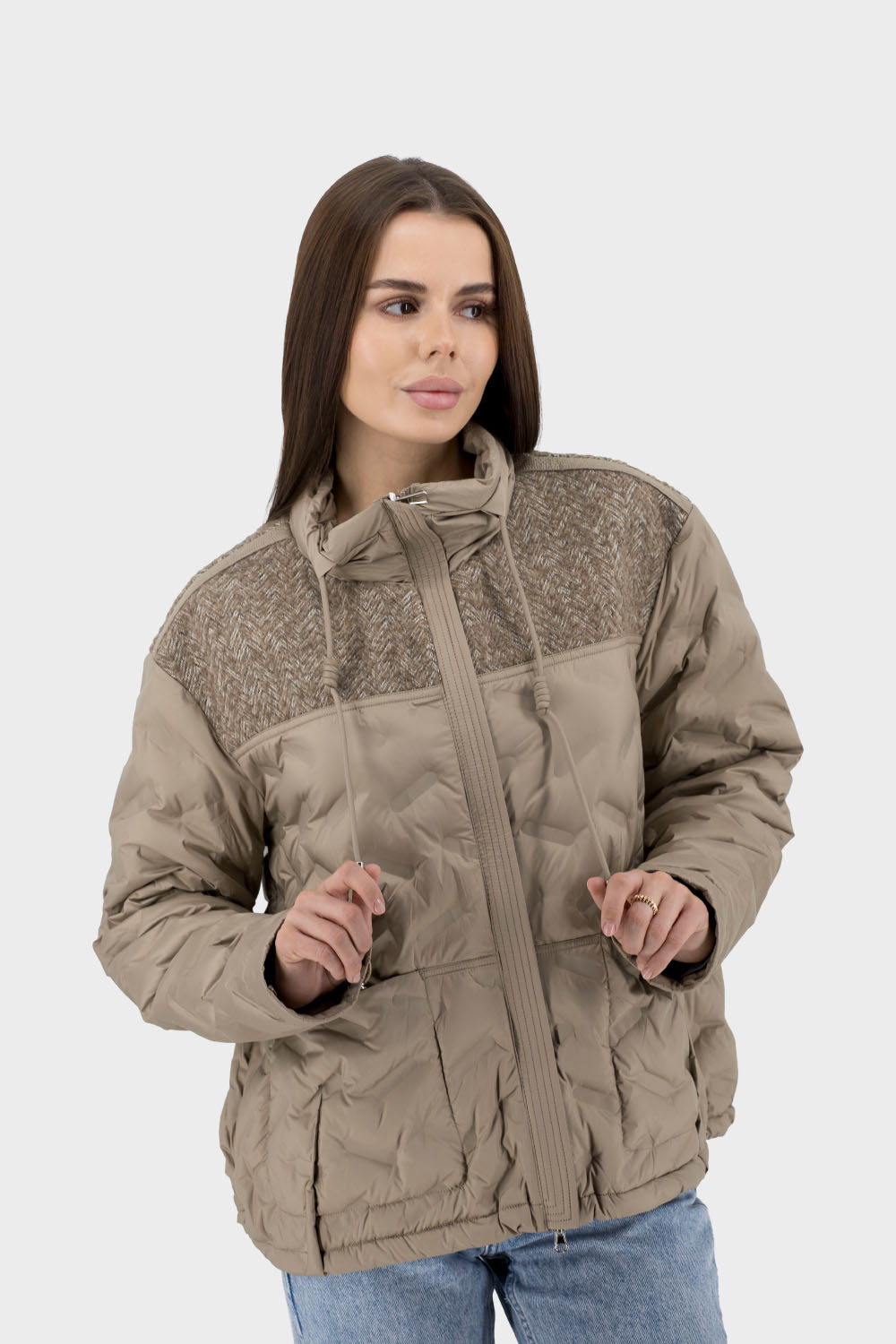 Jachetă casual de toamnă pentru femei cu puf de rață și design combinat Snow Owl (maro, XL)