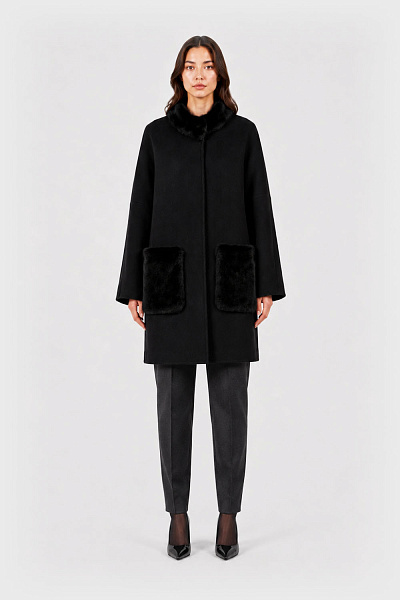 Palton de lână pentru femei cu blană de nurcă fără căptușeală și glugă Ferrucci (negru, 2XL)